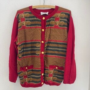 Montegrappa Italian Knit Cardigan‎ Red Buckle Print Button Women's M Equestrian